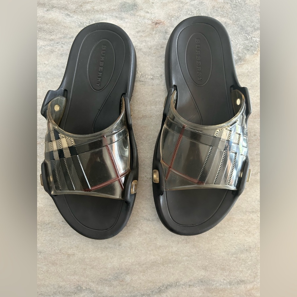 Burberry Black and Transparent Plaid Slide Sandals
